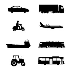 Silhouette depictions of various modes of transportation including land air and sea vehicles shown together