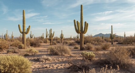 Desert Panorama with Cacti and Shrubs under a Bright Blue Sky, a Tranquil Landscape.