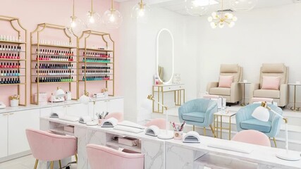 A chic and modern nail salon interior featuring plush pink chairs, elegant manicure stations, and comfortable pedicure recliners, all bathed in soft, inviting light