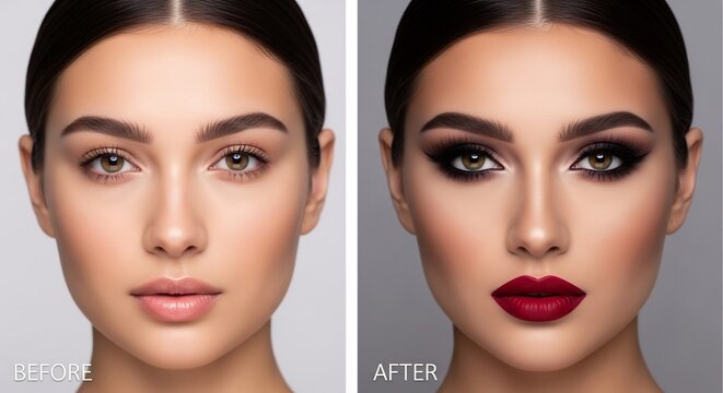 Beforeafter makeup comparison dark eyeshadow bold red lips