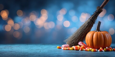 A Spooky Autumn Scene Featuring a Pumpkin, a Broomstick, and Colorful Candy on a Table with a Mysterious Blue Background