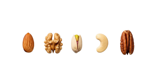 Shelled almond, walnut, pistachio, cashew, pecan nuts & flaked sea salt, linear on transparent, high-key studio macro, gourmet food concept