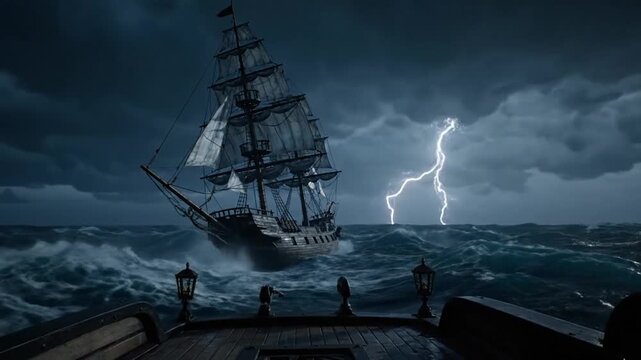 Wide cinematic static view of dramatic sailing ship in ocean storm with lightning and dark sky