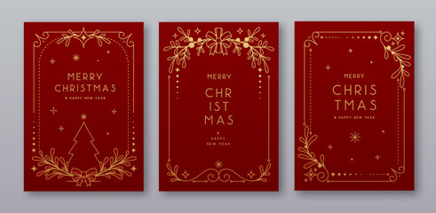 Set of modern Christmas frames or holiday greeting cards on red background. Line art vector illustration