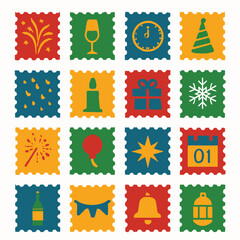 New Year Celebration Postage Stamps Icon Set – Flat Solid Color Vector Illustrations