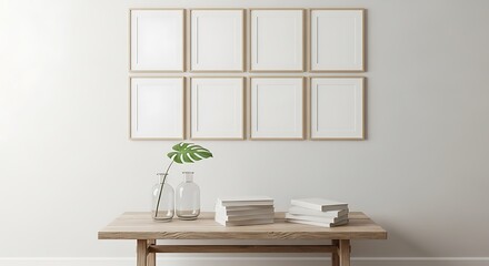 Fototapeta premium Minimalist Wall Decor with Plants and Books.