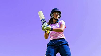 A woman cricket batter in full gear with bat pad and helmet for professional sports tournament. Generative AI