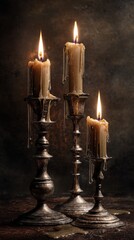 A Captivating Still Life Featuring Three Elegant Candles with Soft Flames atop Ornate Silver Holders, Exuding Warmth and Timeless Beauty