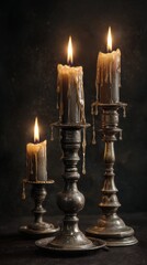Aesthetic Display of Glowing Candles with Dripping Wax on Elegant Silver Holders Set Against a Dark Background, Evoking a Cozy Ambiance