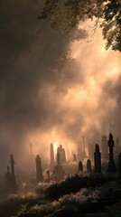 Obraz premium Misty Cemetery at Dawn: Ethereal Light Illuminating Gravestones Amongst Shadows and Fog, Creating a Hauntingly Beautiful Atmosphere of Solitude and Reflection
