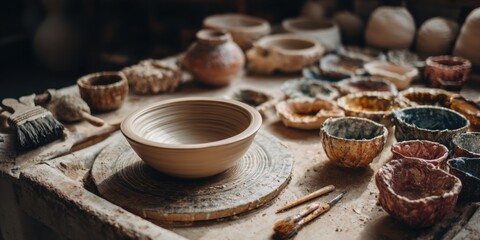 Fototapeta premium Artisanal Pottery Workshop: Showcase of Handcrafted Ceramics with Tools and Finished Pieces on Table in Artisan Environment
