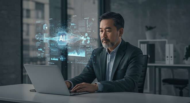 Asian businessman using laptop with AI interface in modern office.