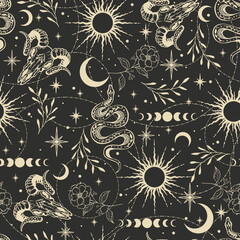 Seamless pattern with snakes, sun, moon, plants and stars. Mystical esoteric background for design of fabric, packaging, astrology, phone case, wrapping paper.