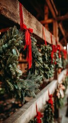 Beautifully Decorated Holiday Wreaths Hanging with Red Ribbons, Showcasing the Festive Spirit and Natural Greenery in a Rustic Setting