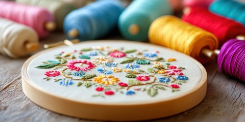 Fototapeta premium Colorful Hand-Embroidered Floral Design Surrounded by Spools of Vibrant Thread on a Rustic Wooden Surface