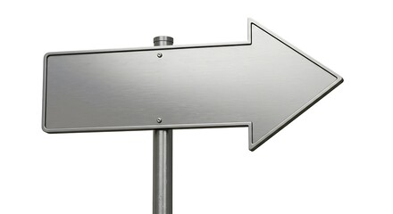 Blank metallic arrow sign pointing right on a pole, isolated on white background, offering clear direction or space for custom text.