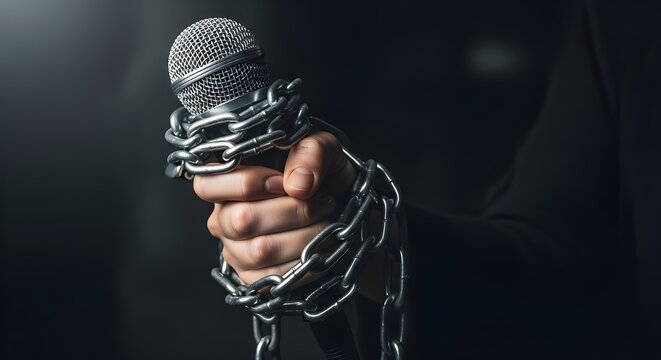 Microphone in hand wrapped with chain for freedom of speech concept