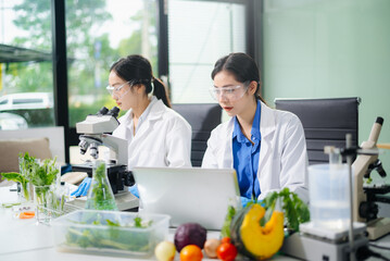 Obraz premium Asian food scientists test vegetables in biotech lab using microscope and laptop. Nutrition, safety, and clean food research in vertical orientation