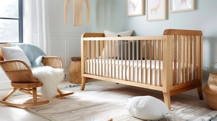 Modern light wooden baby crib with rocking chair in cozy nursery