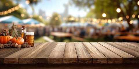 A Rustic Wooden Table Decorated with Fall Elements, Beer, and Pumpkins in a Festive Outdoor Gathering Atmosphere Surrounded by Lively Lights and Guests