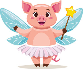 Fototapeta premium A cheerful chubby cartoon Pig character dressed as a fairy, with sparkly wings, a tutu, and holding a magic wand, happily casting a spell, full body vector, isolated on a white background.