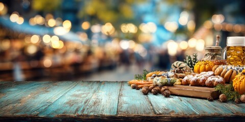 A Lavish Display of Autumn Treats and Festive Baked Goods Arranged on a Rustic Wooden Table with a Softly Blurred Background of Seasonal Celebrations