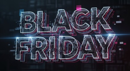 Naklejka premium Vibrant Black Friday sale announcement with glitch effect and neon glow, perfect for digital marketing campaigns
