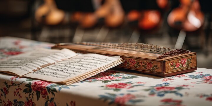 A Close-Up of a Beautifully Crafted Dulzaina Resting on a Floral Tablecloth with Sheet Music, Evoking the Essence of Traditional Music and Artistry