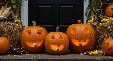 Obraz premium Carved pumpkins with glowing faces line a doorway flanked by hay bales and corn