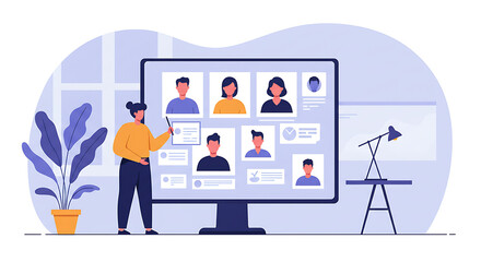 Online meeting concept A person leading a virtual video call with multiple participants