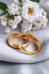 Two gold wedding rings lying on gray silk near white flowers