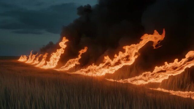 Grassfire spreads as flames leap, black smoke rises