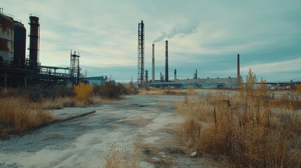 Industrial Landscape with Smoke Stack and Abandoned Path