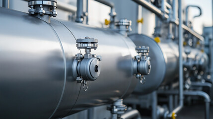 Close-up view of industrial pipes with a polished stainless steel surface, showing bolts and metal valve connections, symbolizing engineering energy infrastructure and heavy-duty industrial systems.