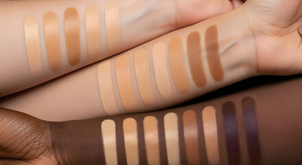Various skin tones displayed on arms showing different shades of foundation makeup for beauty and inclusivity in a studio setting.