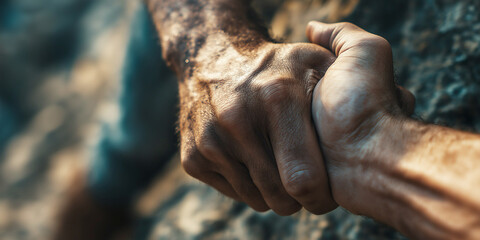 Close-up of strong hand pulling another hand up, support concept