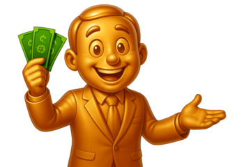 Golden Cartoon Man in Suit Holding Money Isolated on Transparent Background