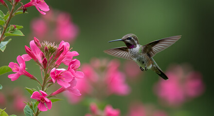 Hummingbird gracefully hovering amidst vibrant pink flowers in a lush garden