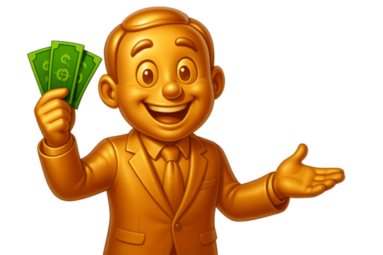 Golden Cartoon Man in Suit Holding Money Isolated on Transparent Background