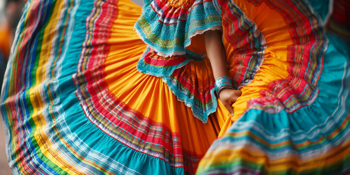 Close-up Mexican woman in traditional folkloric dress, festival dance, D&iacute;a de la Independencia de M&eacute;xico