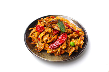 Crispy fried anchovies with sesame, dried chili, green peas, and herbs on white background.