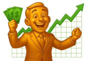 Golden Cartoon Businessman with Money and Growing Chart on Transparent Background