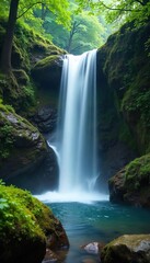 Naklejka premium Serene waterfall cascading over mossy rocks, creating a tranquil atmosphere perfect for relaxation and meditation The misty spray adds to the peaceful ambiance of this natural scene , flow, yoga