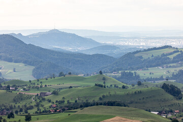 aerial view of the Hirzel region with Zurich and the Uetliberg in the background