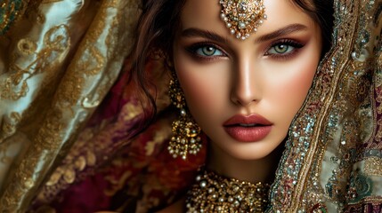Close-up Portrait of a Woman Adorned in Indian Jewelry and Garments