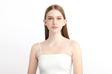 A beautiful young Asian woman with clean, fresh skin against a white background. Skincare, facial treatment, cosmetology, beauty, and spa. An elegant portrait of an Asian woman.