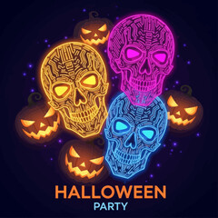 Vibrant neon skulls and jack-o'-lanterns glow for an electrifying Halloween party celebration.