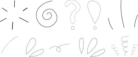 Hand-drawn doodle vector set with sketchy comic elements including lines, swirls, question marks, and exclamation marks, perfect for creative design, decoration, and cartoon illustrations.