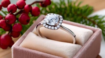 Sparkling diamond engagement ring in box for christmas proposal