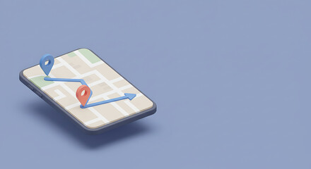 Isometric smartphone map navigation concept with location pins and route on a blue background